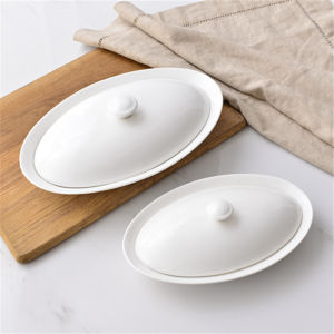 Eggshell Porcelain Steamed Fish Plate Baking Rice Dish Oval Shape with Lid Chinese Style Adult Dinnerware Microwave Safe