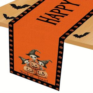 1 Piece of Halloween Themed Table Flag Happy Halloween Text Pumpkin Head and Witch Hat Suitable for Party Restaurant Home Market Holiday Decoration Scene.