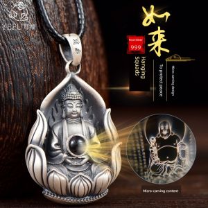 Pure Silver 999 Buddha Pendant Large Sun Buddha Reblooming Vintage Style for Men And Women Heart Sutra Six-Syllable Mantra