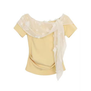 YUEZHONGWEI | French Lace Splice Shoulder Bared Short Sleeve T-shirt Womens Slimming Summer Top Yellow Color Commute Style Pure Pattern