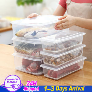 2Pcs Large Size Kitchen Refrigerator Fresh-keeping Box Fruit Vegetable Meat Fish Drain Box Fridge Organizer Plastic Food Containers with Removable Drain Plate and Lid Stackable Freezer Storage Box