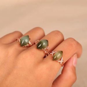 Cats Eye Adjustable Graduated Green Jade Ring Female