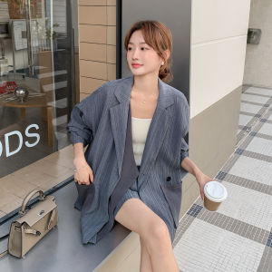 Quần Short Ống Rộng Kẻ Sọc Màu Xám Giả Hai Mảnh Thời Trang Thu Đông Cao Cấp Cho Nữ Quần Áo Công Sở Thường Ngày