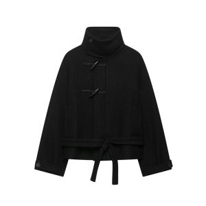 ZHIO | ZHIO Womens Jacket 2026 Fall/Winter New Arrival Black Long-Sleeve Loose Tie Wool Coat Parka Personality Fashion
