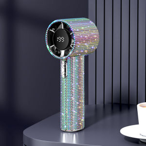Quạt Mini USB Sạc Lại Được Đính Đá Lấp Lánh Có Màn Hình LED 199 Tốc Độ Dành Cho Nữ Và Bé Gái