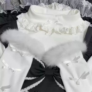 Womens Long Sleeve T-Shirt Velvet Base Layer Shirt Butterfly Knot Design Lace Half High Collar Slim Fit Winter Inner Wear