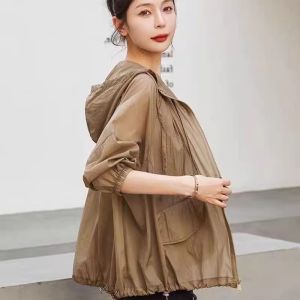 Womens Summer 2025 New Loose Fit UV Protection Coat Outdoor Sunscreen Clothing Long Sleeve Hooded Thin Cardigan Fashionable