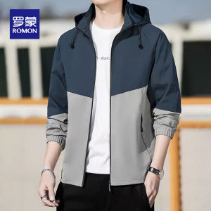 ROMON | Loose Fit Long Sleeve Mens Jacket Casual Patchwork Collar Coat Windproof Polyester Fiber Spring Autumn Season Fashionable
