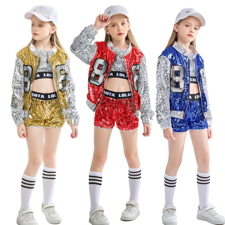 LOlanta New 4Pcs Sequin Glitter Outfit for Kids Girls Hip Hop Jazz Street  Modern Dance Costumes Sequin Crop Vest Tops Shorts Jacket with Socks  Children School Performance Wear 4-14 Years