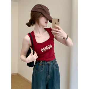 เสื้อกั๊กแขนกุดสีแดงสไตล์อเมริกันสำหรับผู้หญิง ทรงเข้ารูป ใส่ด้านนอกในฤดูร้อน ใส่ด้านใน เสื้อยืดแขนกุด แฟชั่นฤดูร้อน