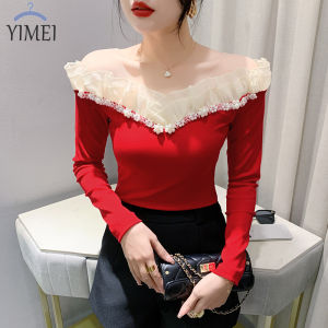YIMEI 2024 New Korean Fashion Beaded Off Shoulder Top Womens Autumn Long Sleeve T-shirt Womens Red Top Cotton