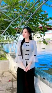 Đồ lam đi chùa nữ chất vải lụa bà ba trắng tay bèo cúc tàu Thiên Di - Pháp phục đi chùa nữ cao cấp cho phật tử D11