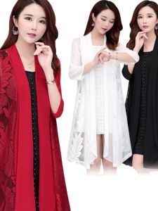 Spring Summer Womens Lace Shirt Thin Outerwear Netting Top Shoulder Pad Open Cardigan Long Sleeve Mid-Length Solid Color