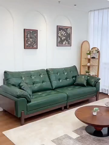 Simple solid wood sofa for living room made of top-grain cowhide new style for small apartments.