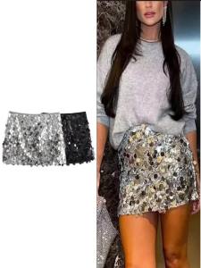Váy Ngắn Cạp Cao Nữ Thời Trang Đính Sequin Kiểu Dáng Cổ Điển Chất Liệu Trơn Có Khóa Kéo Bên Hông Dành Cho Nữ