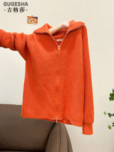 Dopamine Boosting Orange Double Zipper Jacket Womens Fashionable Slimming Knitted Top Commute Style Regular Fit Long Sleeve