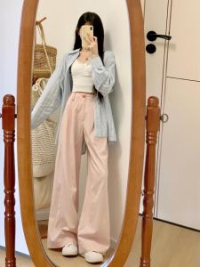 Retro High เอว ขาตรงจางล้าง ผู้หญิง กางเกงยีนส์ ฤดูร้อน ใหม่ หลวม พรางหุ่น กระเป๋ายาวพื้นขากว้าง กางเกง