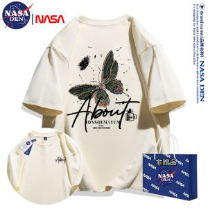 เสื้อยืดแขนสั้นผ้าฝ้ายแท้ NASA Den สไตล์ฮ่องกง ลำลอง หลวม แฟชั่น ฤดูร้อน สำหรับทั้งชายและหญิง คอลเลกชั่นฤดูร้อน 2025