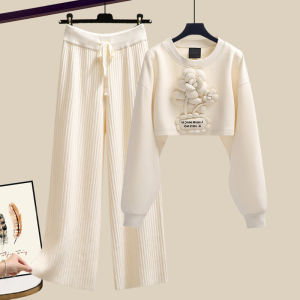 ต้น ฤดูใบไม้ร่วง ชุดเซ็นเซชั่นระดับไฮเอนด์ กลิ่นหอมเล็ก ลม ดอกไม้สามมิติ สั้น เสื้อสเว็ตเชิ้ต แขนยาว เสื้อท่อนบน ขากว้าง กางเกง ชุดสองชิ้น