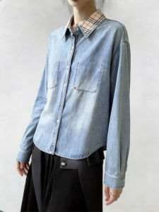 QINGNAER | Plaid Patchwork Denim Shirt Plus Size