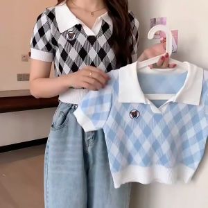 Áo polo caro len mongtogi nữ tay ngắn kiểu cổ bẻ bo gấu vải dệt kim co giãn hàng đẹp thời trang Quảng Châu cao cấp