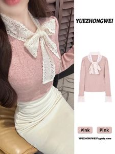 YUEZHONGWEI | Pink Bowknot Lace-Up Sweater