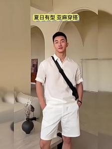LIUBU | Vintage Luxury Tencel Linen Mens Summer Polo-shirt and Shorts Set