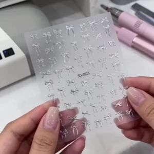 1Pcs 5D Embossed Silver Bow Nail Sticker Minimal Bowknot Self Adhesive Nails Decals Metallic Ribbon for Elegant Manicure Slider