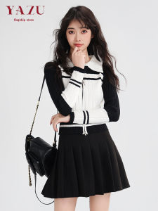 Korean Style Commuter Polo Neck Knitted Sweater Womens Spring New Slimming Short Sleeve Long Shirt Color Block Top