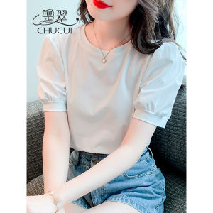 White Bubble Sleeve Short Sleeve T-Shirt Womens Fashionable Commute Style Slim Fit Summer Top New Arrival 2025