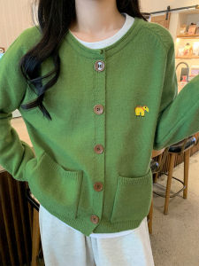 Green Knitting Cardigan Sweater Outwear Female Autumn and Winter 2024 New Lazy Wind Loose Soft Glutinous Petite Top