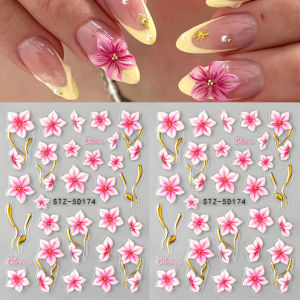 3D Floral Nail Art Stickers Decals Pink Flowers Nail Decorations Adhesive Sliders Acrylic Design Manicure Nail Art Accessories