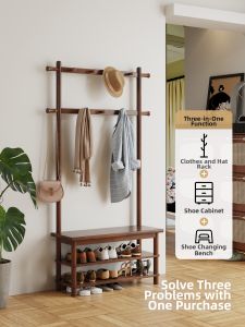 TINGXU | Real Wood Combined Shoes Bench and Coat Rack Furniture
