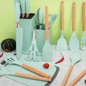 Silicone Kitchen Utensils 25PCS Knife Sets Spatulas Slotted Turner Non-Stick Shovel Wooden Handle Cooking Tools Black