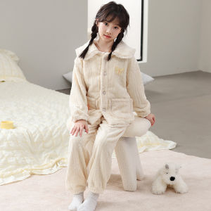 Girls Coral Fleece Pajamas Set Warm Home Clothes Two-Piece Set Trendy Childrens Clothing Polyester Fiber Winter Season