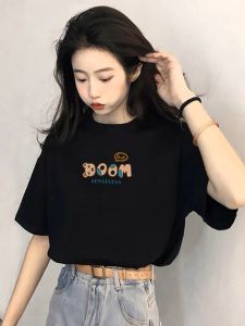 Elegant Black Short Sleeve Womens T-shirt Summer New Loose Slimming Fashionable Top Cotton Blend Comfortable Korean Style