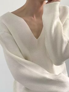 เสื้อสเวตเตอร์คอวีลึกแขนยาวเซ็กซี่สำหรับผู้ชาย สไตล์ลำลอง คอกลม สวมหัว ปกติ เสื้อสเวตเตอร์ถัก