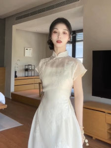 Chinese Style Improved Standing Collar Cheongsam Female High-End Temperament Retro Waist-Controlled Slim Looking A- line Dress New Chinese Style Suit