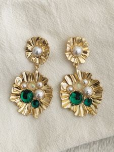 Large Size Silver Needle Middle-Aged Pearl Flower Earrings Court Style Quirky Personality Ear Studs And Dangle B899