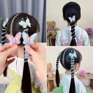 2Pcs Fashion Children Coil Hair Tie Cloth Butterfly Telephone Line Hair Ring Candy Color Braided Ponytail Hair Rope for Girls Kids