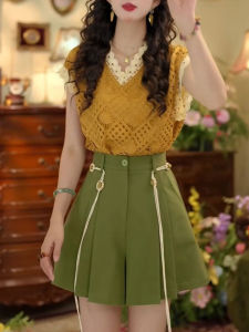 Shalldoer | Summer Chic V-neck Hooked Floral Lace Hollow Out A-line Shorts Skirt Two-piece Set Womens Shirt Hollow Out Edge Design