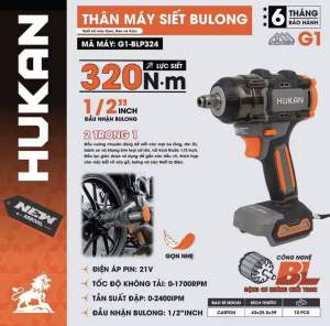 Máy siết Bulong HUKAN G1-BLP324 lực 320 N.m đầu nối bulong 1/2 inch 2 tốc độ 1 công nghệ BL 6 tháng bảo hành