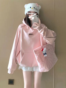 เสื้อแจ็คเก็ตฮู้ดสีชมพูสไตล์อเมริกันย้อนยุคสำหรับผู้หญิง ฤดูใบไม้ร่วง/ฤดูหนาว ทรงหลวม โอเวอร์ไซส์ เสื้อผ้าทำงาน แฟชั่นสตรีท