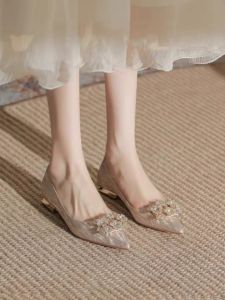 Flats Bridal Shoes Champagne Wedding Shoes Xiuhe Wedding Dress Two-Way Thick Heel Pregnant Women Crystal Not Tired Feet Low Heel Engagement Shoes