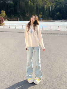 Quần Jeans Denim Ống Rộng Cạp Cao Thêu Mùa Xuân Thu Quần Dài Thường Ngày Cho Nữ Màu Xanh Lá Xanh Thiết Kế Túi Thỏ