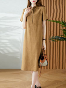 Casual Shirt Collar Midi Dress Womens plus Size A-Line Skirt Lightweight Summer Fashion Slimming Dress Artistic Style Short Sleeve Cotton