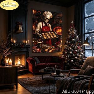 VIKAMA Macabre Santa Skeleton Ornate Golden Key Castle Wall Tapestry Noir Victorian Baroque Festive Room Home Decor Cute Kawaii