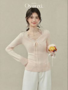 OUYANGXI | Áo Sweater Knit Đính Nơ Cổ V Màu Hồng Cho Phụ Nữ Mùa Thu Đông