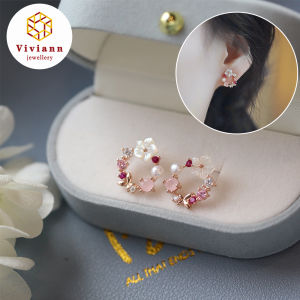 Viviann Original Design Sterling Silver Exquisite Wreath Pearl Earrings Vintage Flower Earrings Pink Crystal Flower Stud Earrings For Woman Korean Fashion Jewelry Wedding Party Girl Accessories