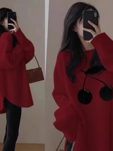Red Long Sleeve Base Shirt Womens Spring Autumn Winter Cover Butt Midi Velvet Inner Wear T-shirt Commute Style Loose Fit